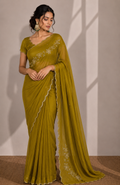 OLIVE GREEN RANGOLI CRUSHED SAREE WITH CUTDANA WORK