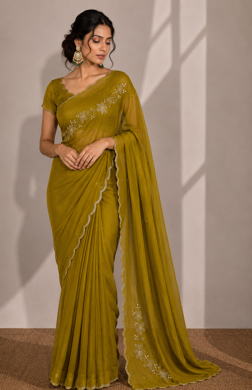 OLIVE GREEN RANGOLI CRUSHED SAREE WITH CUTDANA WORK
