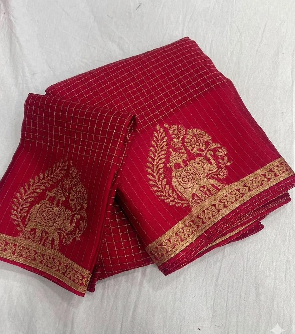 RED VISCOSE CHINON WEAVING SAREE
