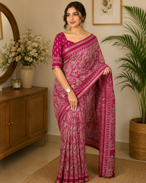 PINK PURE MUL COTTON ARJRAKH PRINTED SAREE WITH ZARI JACQUARD BORDER