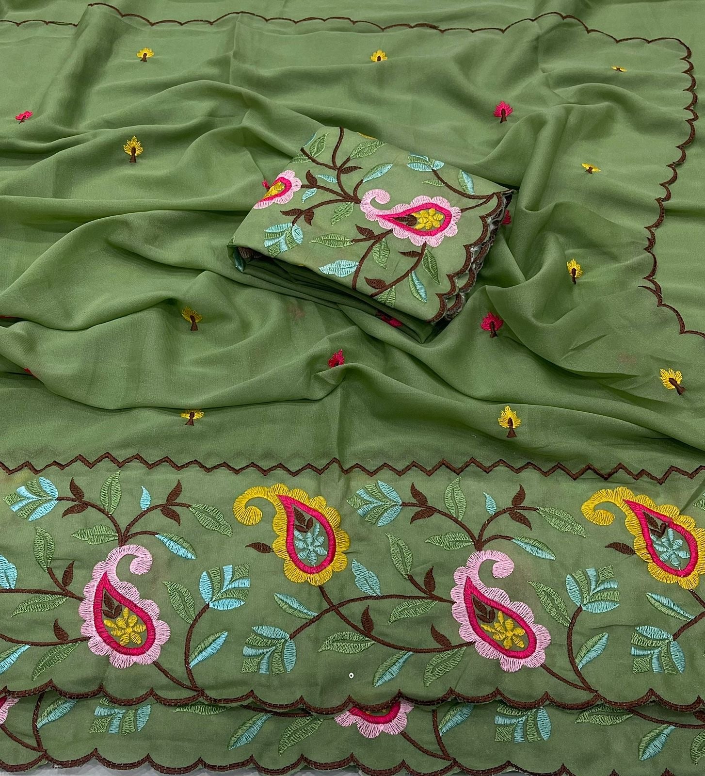 GREEN STAR GORGETTE SAREE WITH FLORAL EMBROIDERY WORK