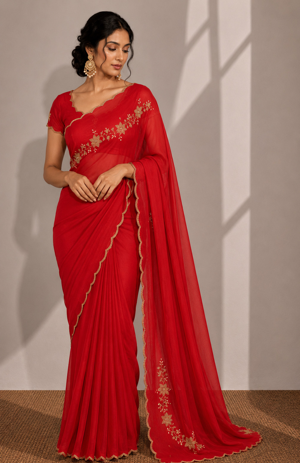 RED RANGOLI CRUSHED SAREE WITH CUTDANA WORK