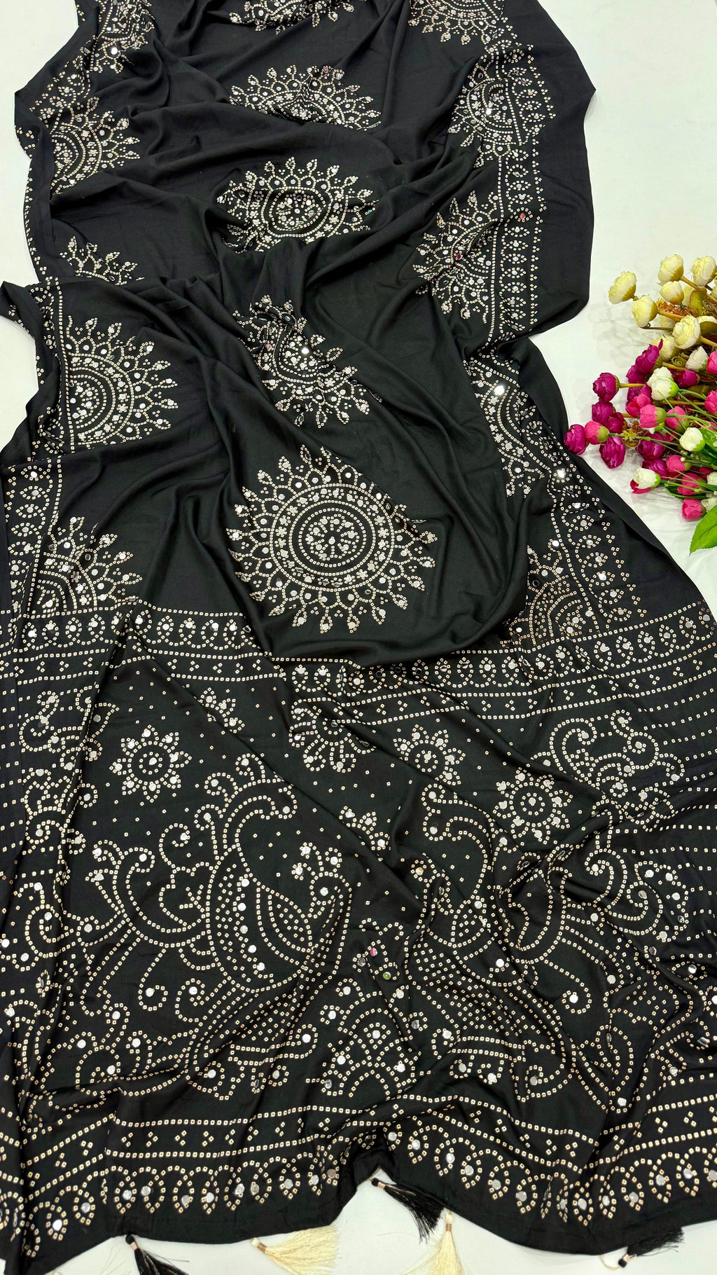 BLACK AJRAKH BANDHANI SILK SAREE WITH MIRROR WORK ALL OVER SAREE