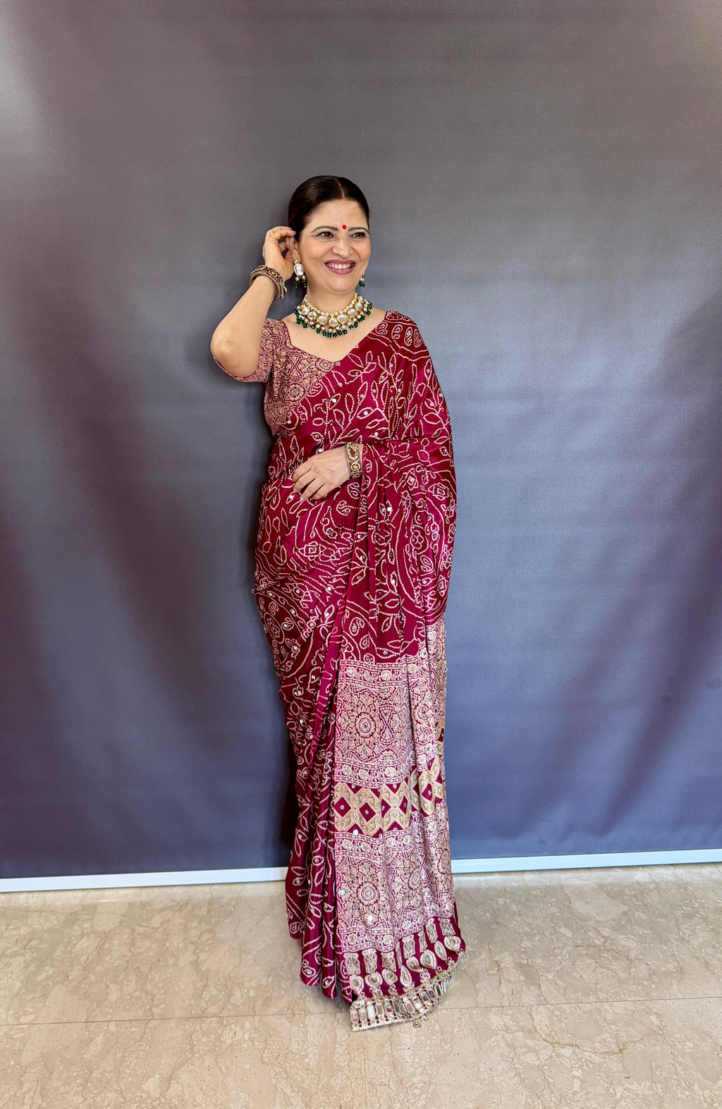 MARRON AJRAKH SILK SAREE WITH  MIRROR WORK ALL OVER SAREE WITH DESGINER MIRROR LACE AT PALLU