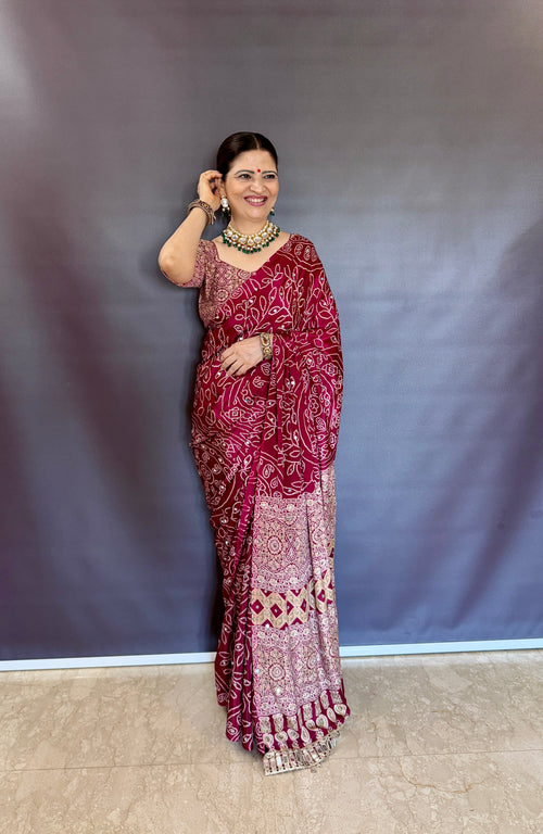 MARRON AJRAKH SILK SAREE WITH  MIRROR WORK ALL OVER SAREE WITH DESGINER MIRROR LACE AT PALLU