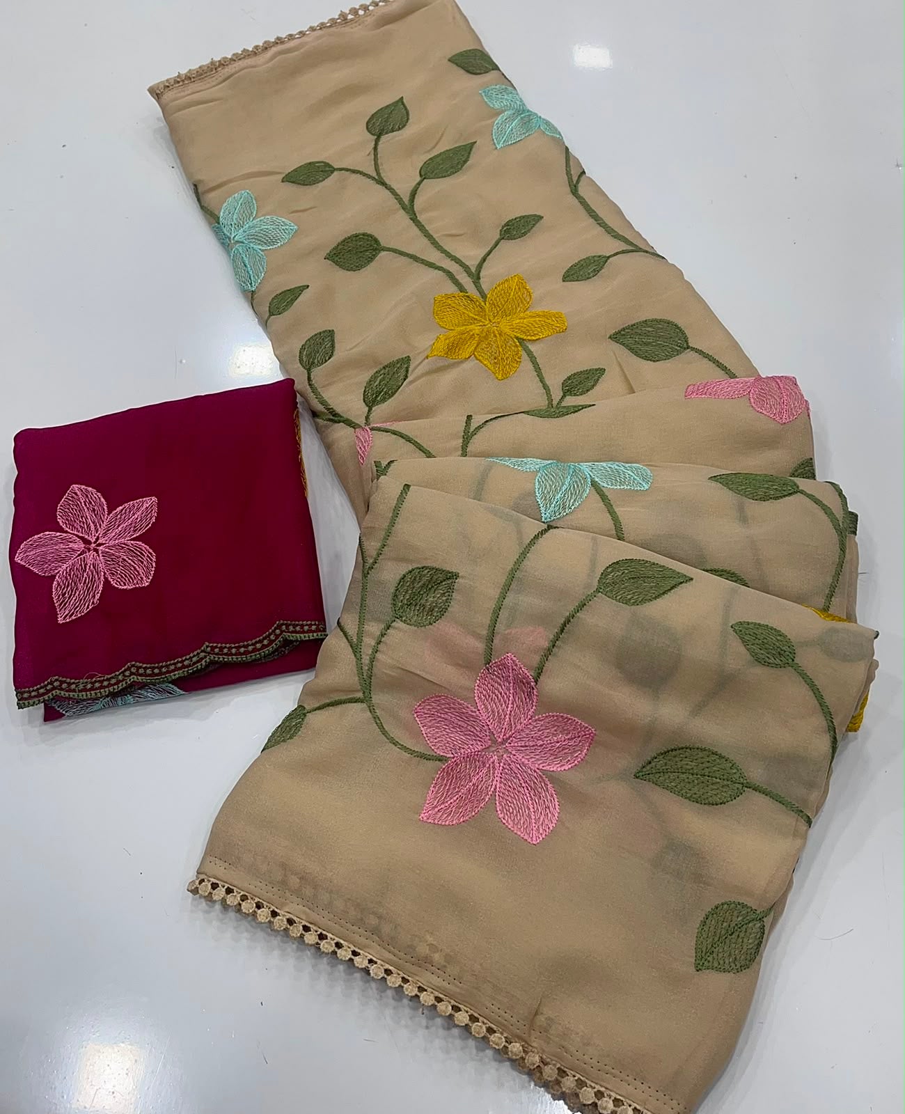 CREAM STAR GORGETTE SAREE WITH EMBROIDERY WORK
