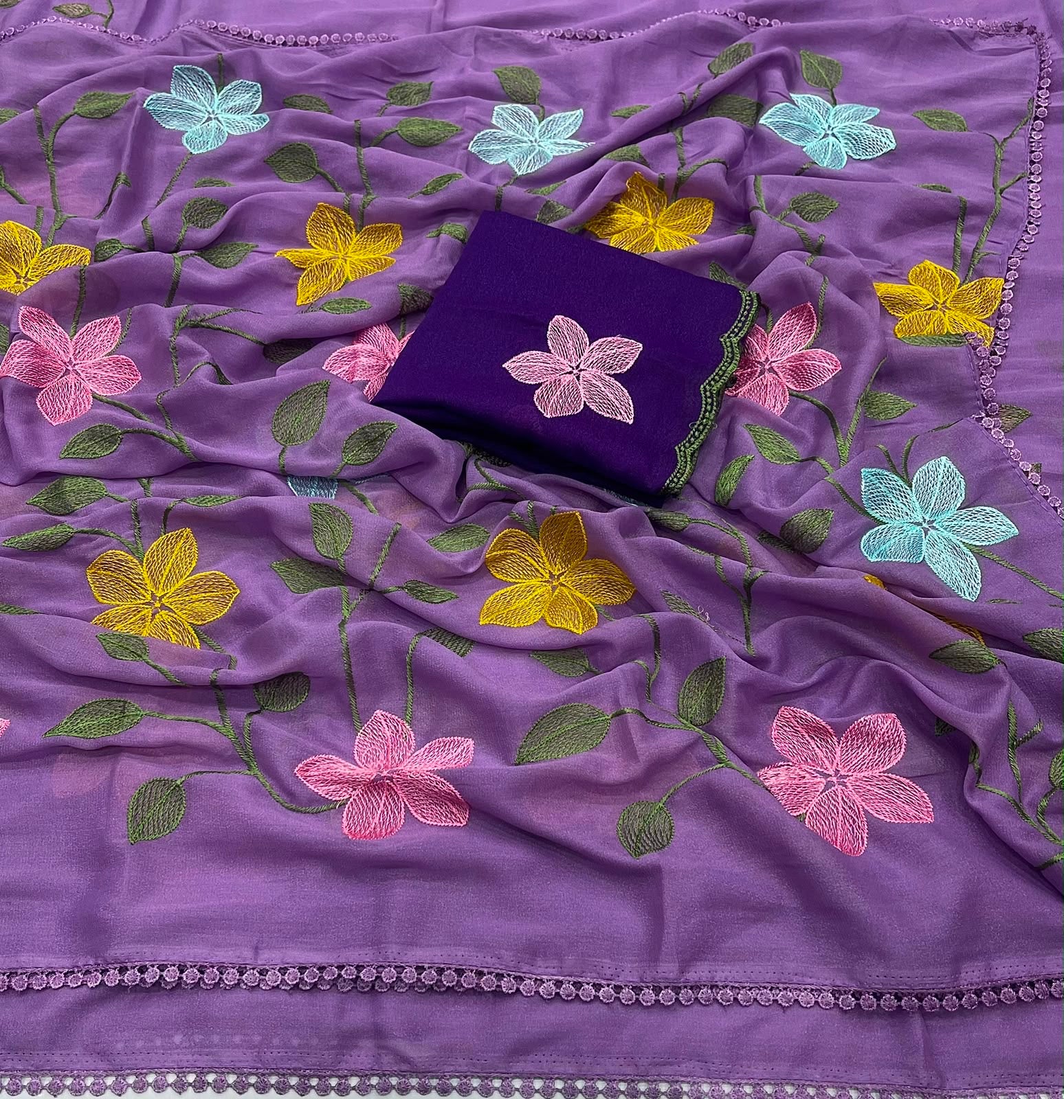 LAVENDER STAR GORGETTE SAREE WITH EMBROIDERY WORK