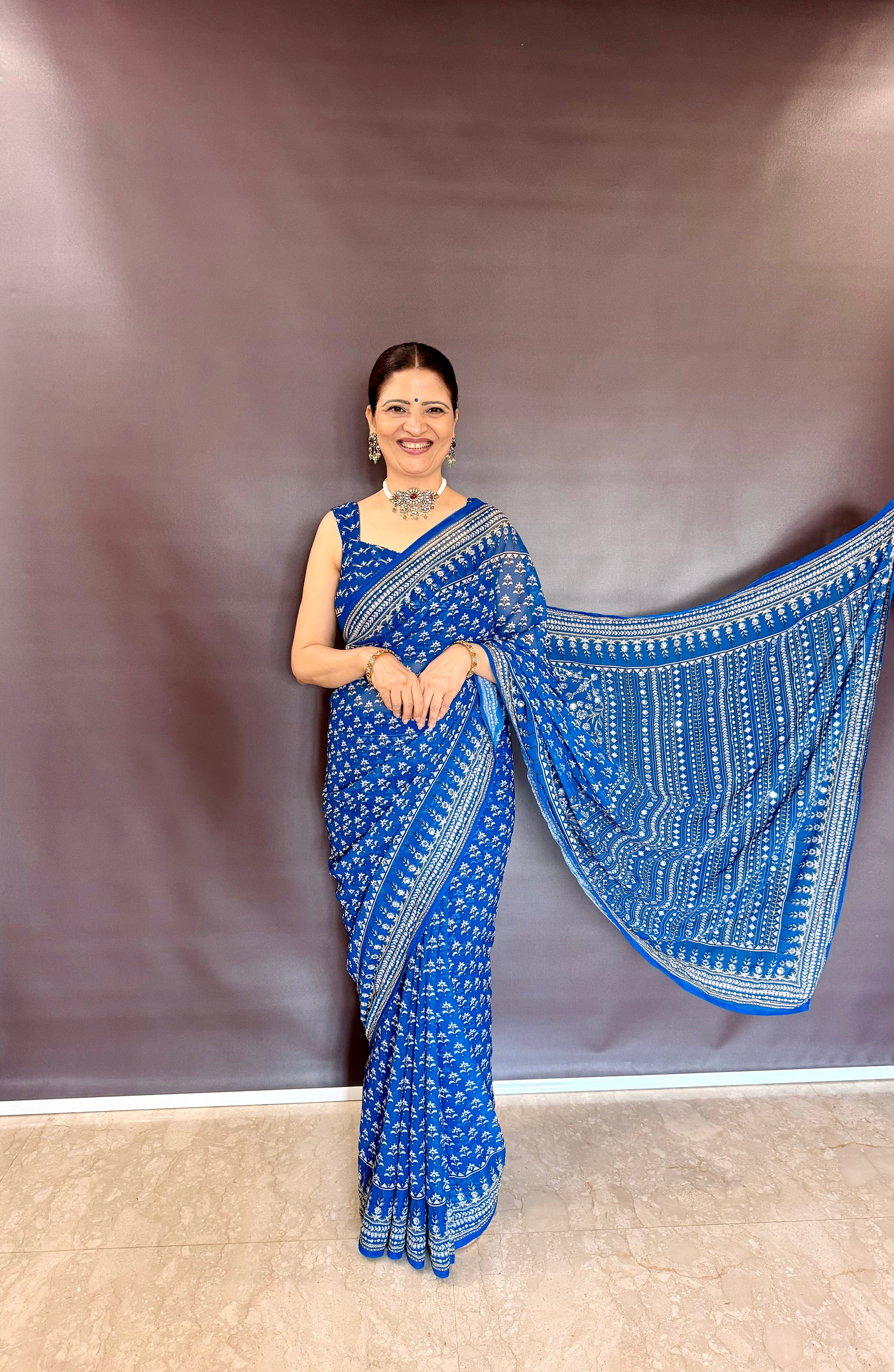 BLUE SOFT FOX GEORGETTE WITH REAL MIRROR AND HAND WORK