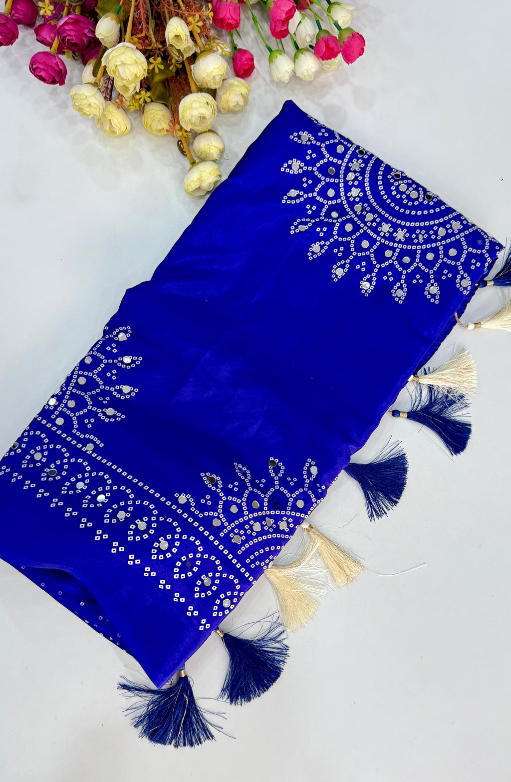 BLUE AJRAKH BANDHANI PRINT WITH MIRROR WORK SAREE