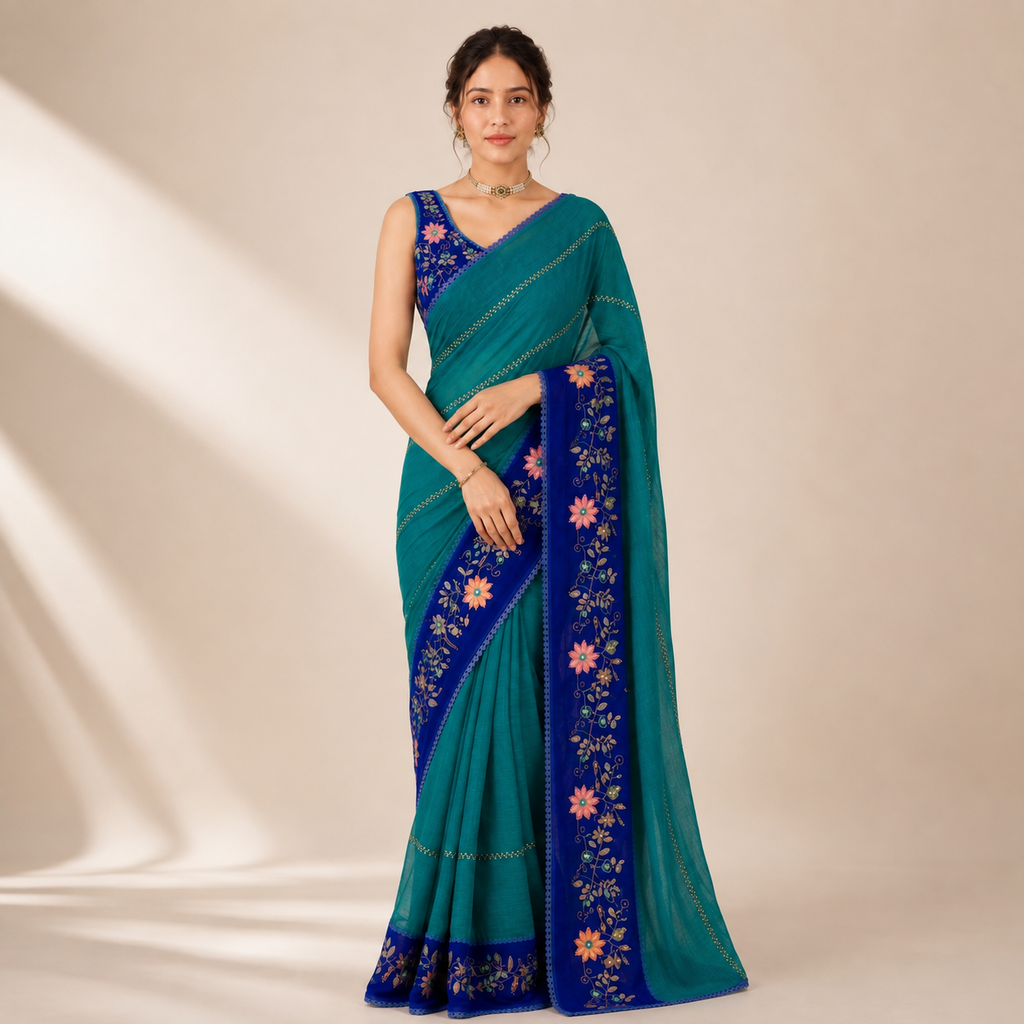 GREEN AND BLUE CRUNCHY PADDING SAREE WITH EMBROIDERY & SEQUENCE CUTDANA WORK