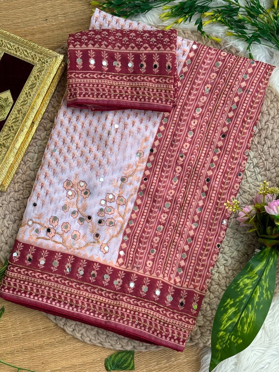 SOFT FOX GORGETTE DIGITAL PRINT SAREE WITH CUTDANA AND REAL MIRROR WORK