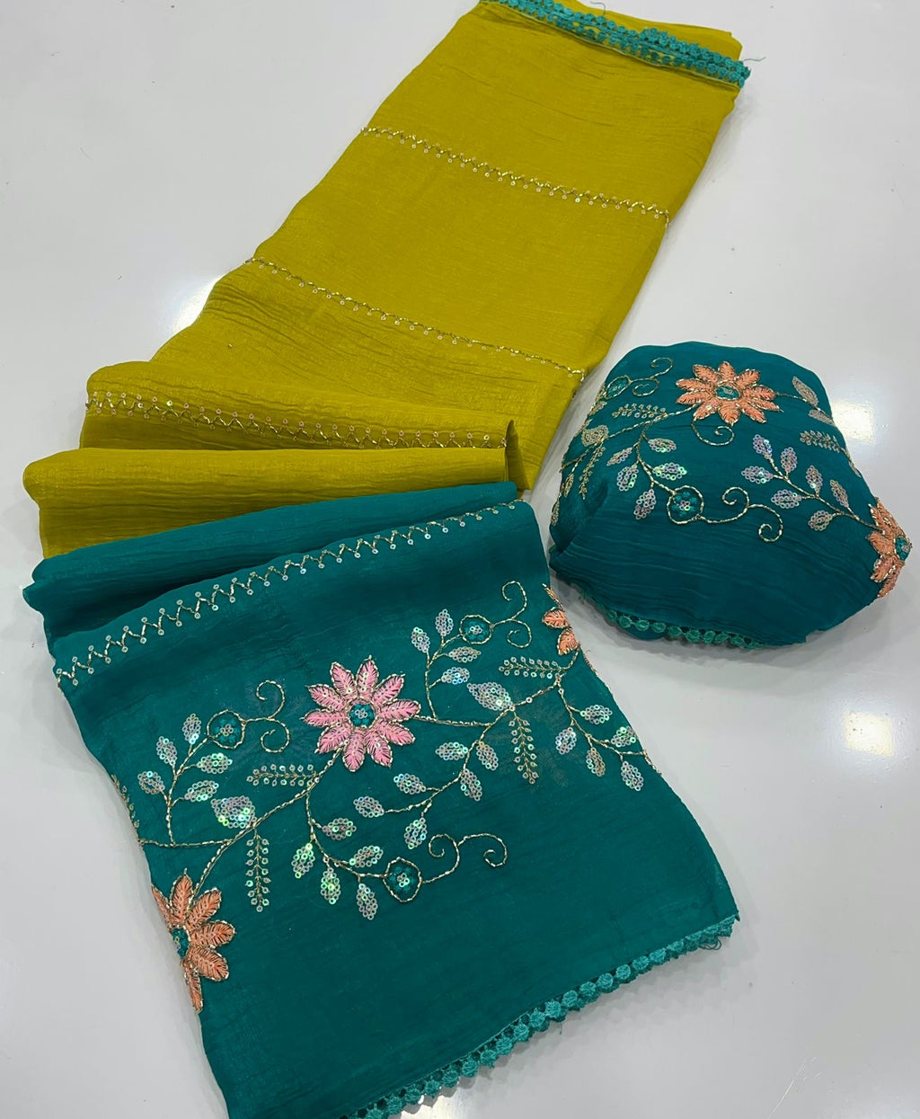 YELLOW AND GREEN CRUNCHY PADDING SAREE WITH EMBROIDERY & SEQUENCE CUTDANA WORK