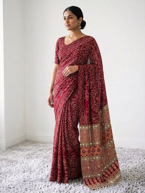 PINK AJRAKH SILK SAREE WITH  MIRROR WORK ALL OVER SAREE WITH DESGINER MIRROR LACE AT PALLU