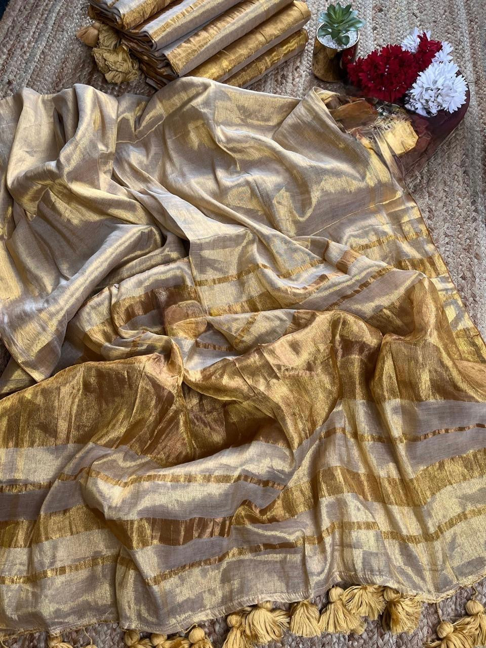 LINEN ZARI TISSUE SILK SAREE WITH BEAUTIFUL ZARI PALLU.
