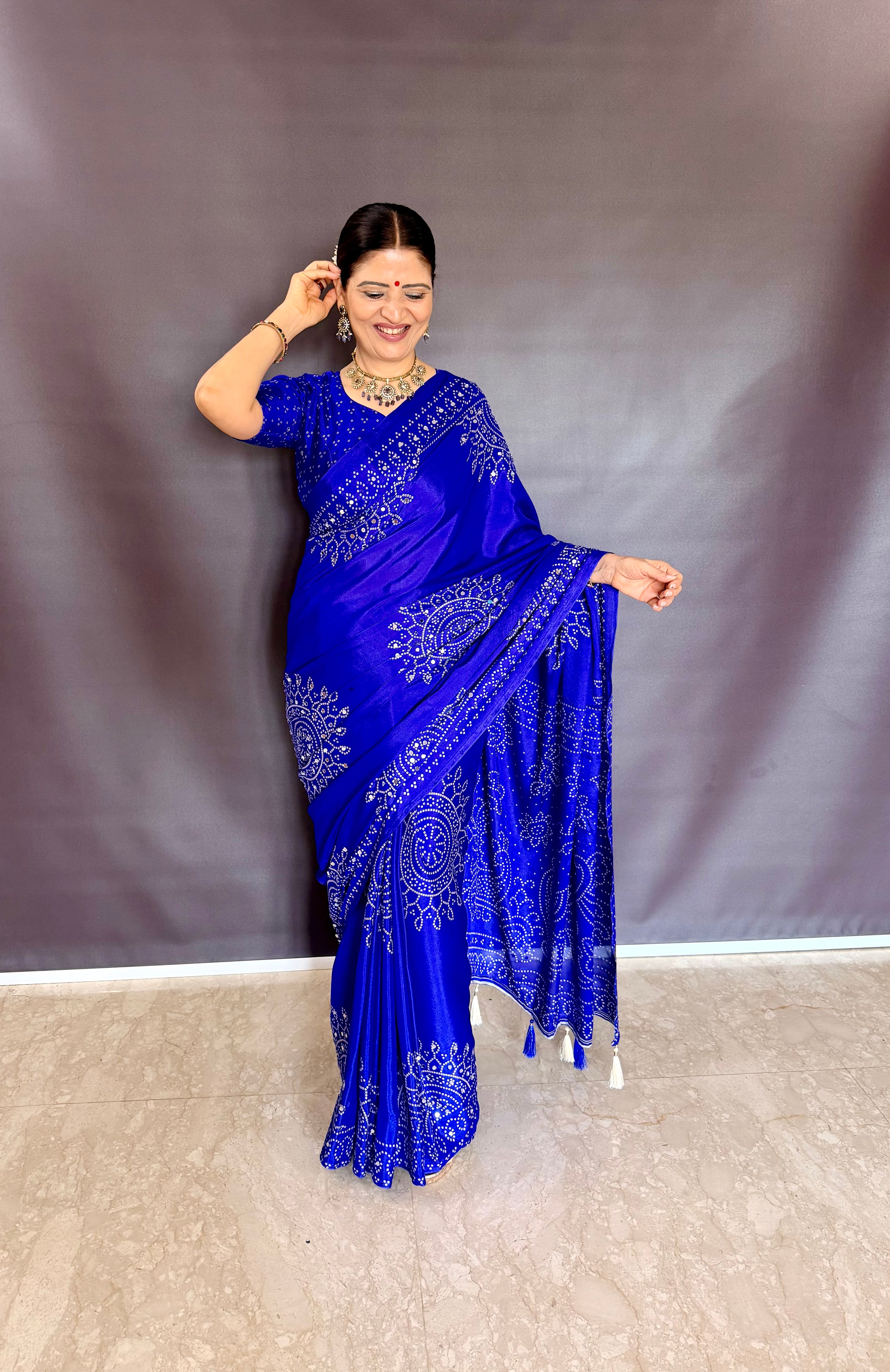 BLUE AJRAKH BANDHANI PRINT WITH MIRROR WORK SAREE