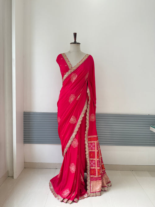PINK SOFT VISCOSE GEORGETTE SAREE WITH PATOLA PALLU WITH CUTDANA HANDWORK AND EMBROIDERY LACE BORDER