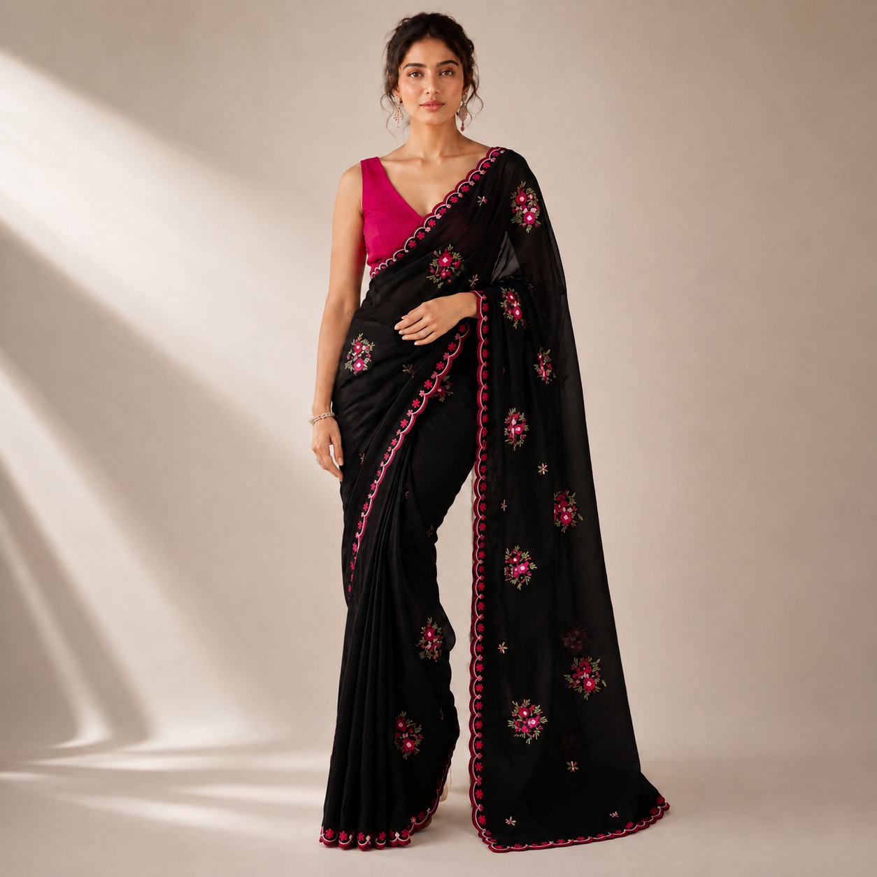 BLACK STAR GEORGETTE MULTI EMBROIDERED WOEK SAREE WITH CONTRAST BLOUSE
