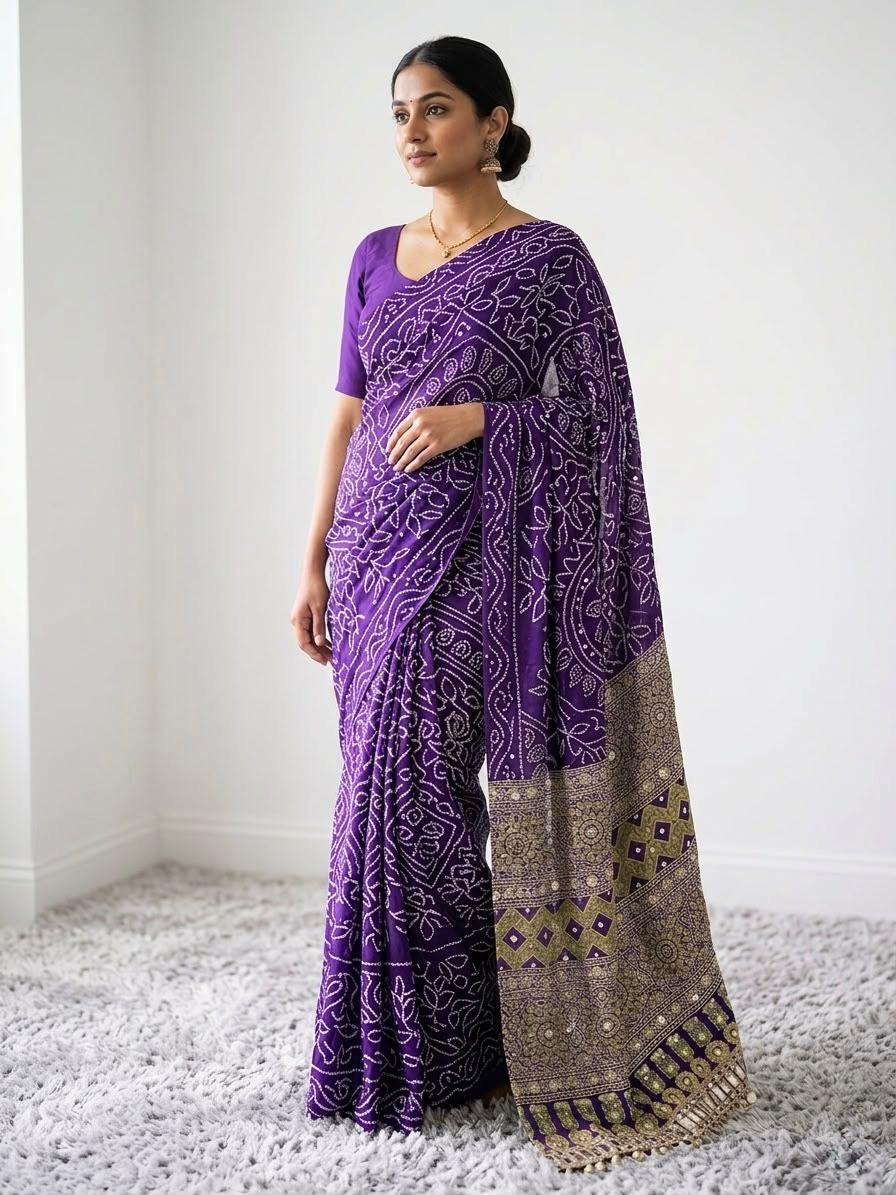PURPLE AJRAKH SILK SAREE WITH  MIRROR WORK ALL OVER SAREE WITH DESGINER MIRROR LACE AT PALLU
