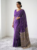 PURPLE AJRAKH SILK SAREE WITH  MIRROR WORK ALL OVER SAREE WITH DESGINER MIRROR LACE AT PALLU