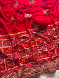 RED SOFT VISCOSE GEORGETTE SAREE WITH PATOLA PALLU WITH CUTDANA HANDWORK AND EMBROIDERY LACE BORDER