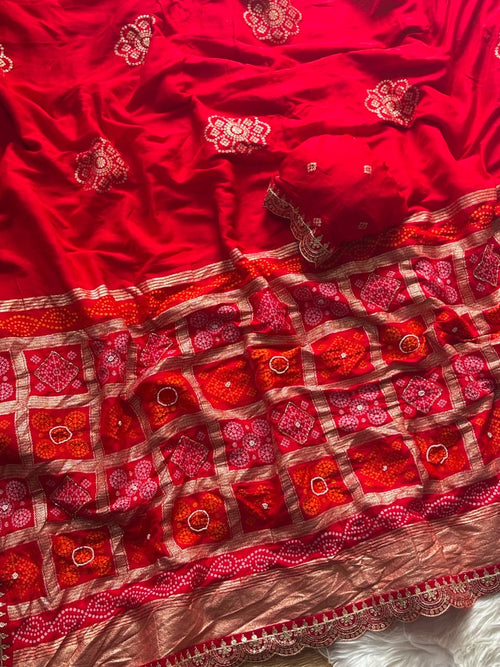 RED SOFT VISCOSE GEORGETTE SAREE WITH PATOLA PALLU WITH CUTDANA HANDWORK AND EMBROIDERY LACE BORDER