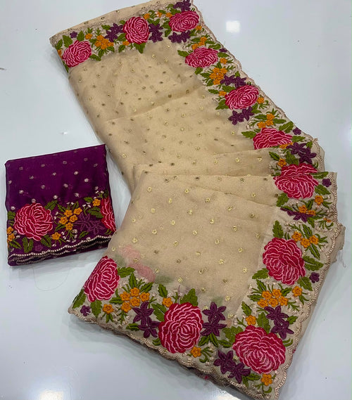 BEIGE NC MOSS SILK SAREE WITH EMBROIDERY WORK