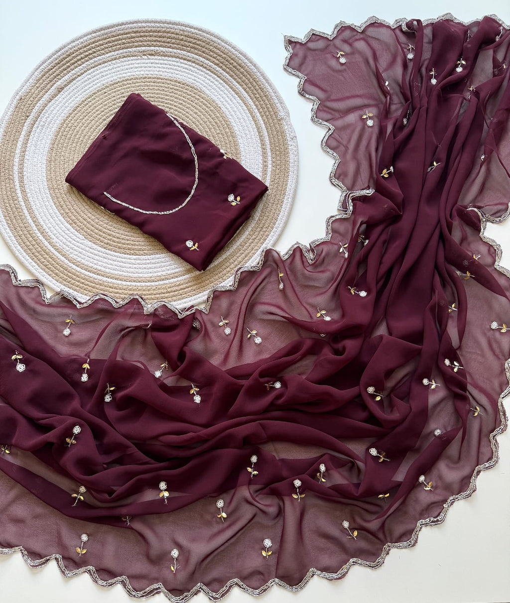 WINE GEORGETTE SAREE WITH CUTDANA AND BUTTI WORK