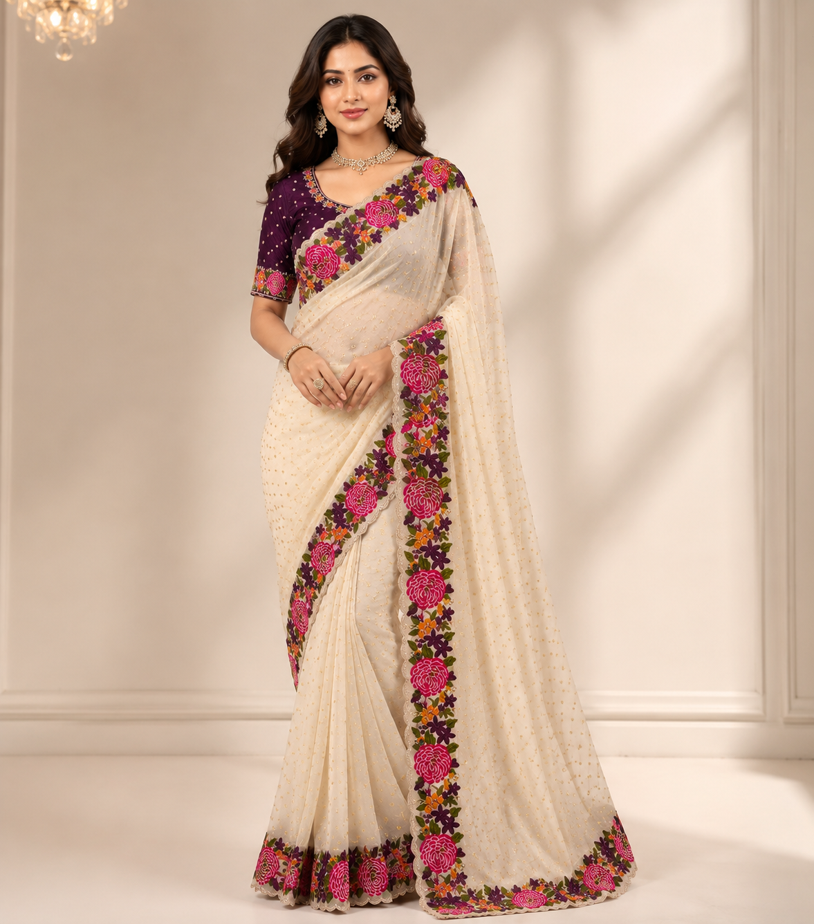 BEIGE NC MOSS SILK SAREE WITH EMBROIDERY WORK