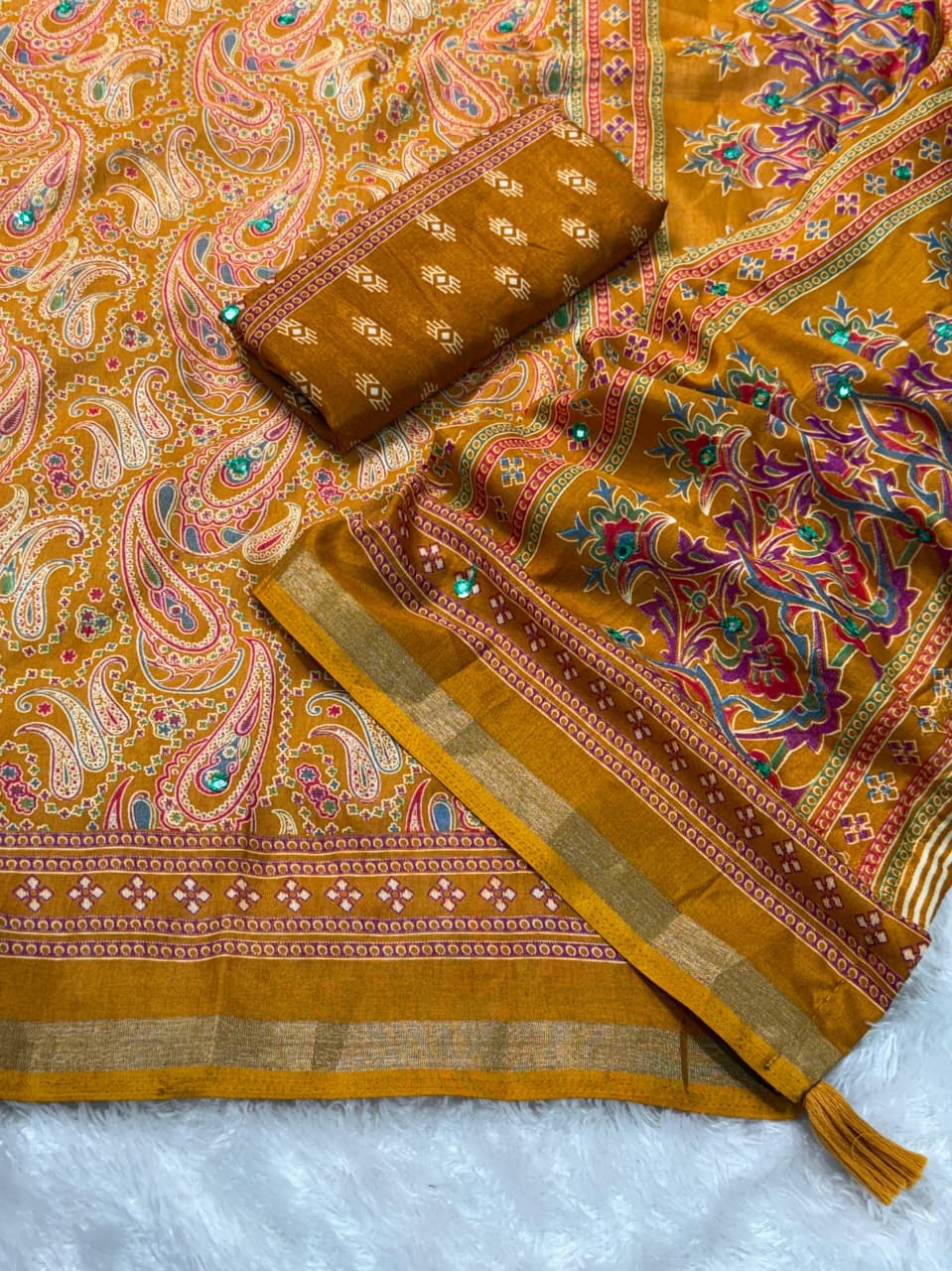 YELLOW PURE MUL COTTON ARJRAKH PRINTED SAREE WITH ZARI JACQUARD BORDER