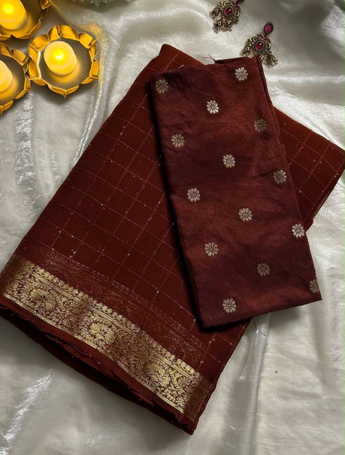BROWN VISCOSE GORGETTE SEQUENCE SAREE