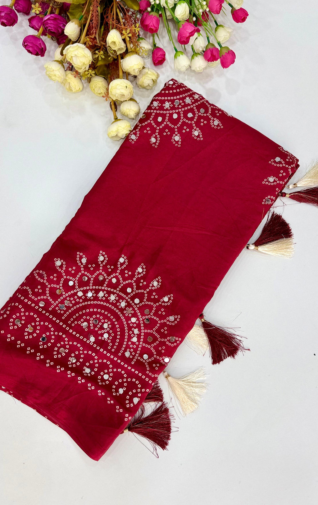 RED AJRAKH BANDHANI PRINT MIRROR WORK SAREE