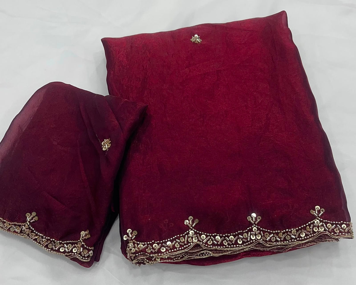 MARRON SPACE SILK SAREE WITH BEADS WORK
