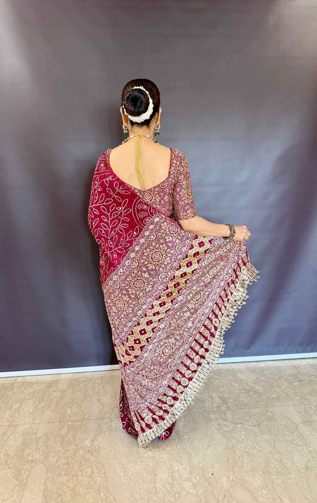 MARRON AJRAKH SILK SAREE WITH  MIRROR WORK ALL OVER SAREE WITH DESGINER MIRROR LACE AT PALLU