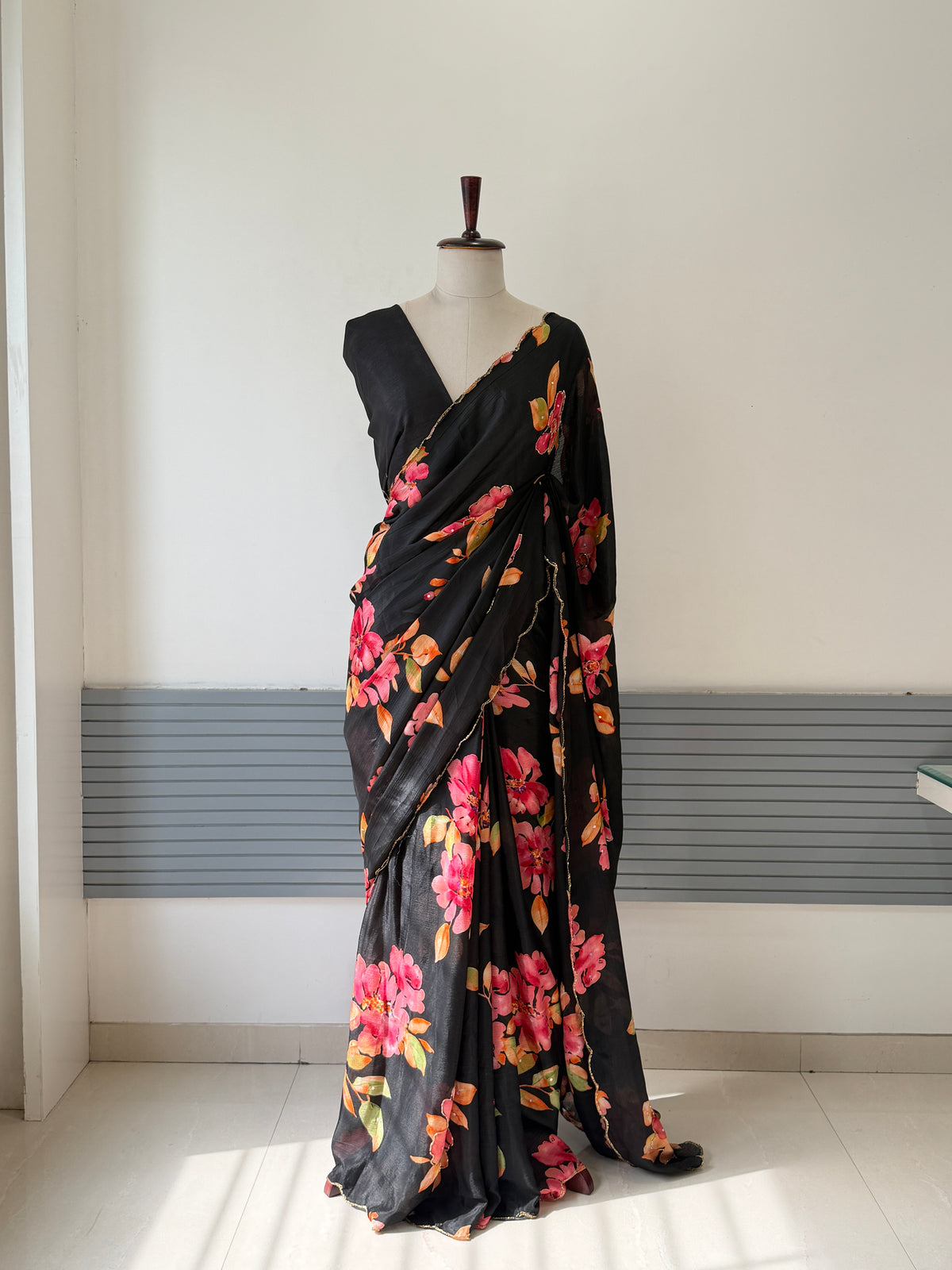 BLACK SOFT CHINNON SAREE WITH FLOWER PRINT AND CUTDANA WORK