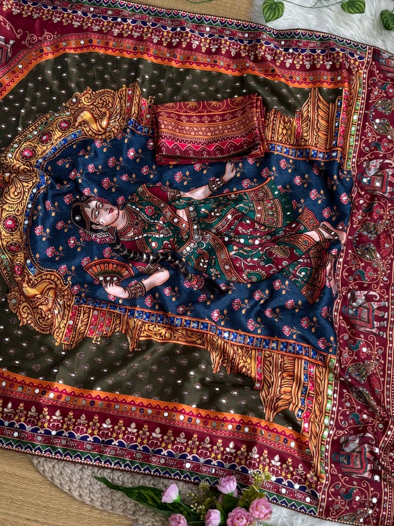 JAPAN SATIN PRINT SAREE WITH REAL MIRROR WORK ALL OVER THE SAREE