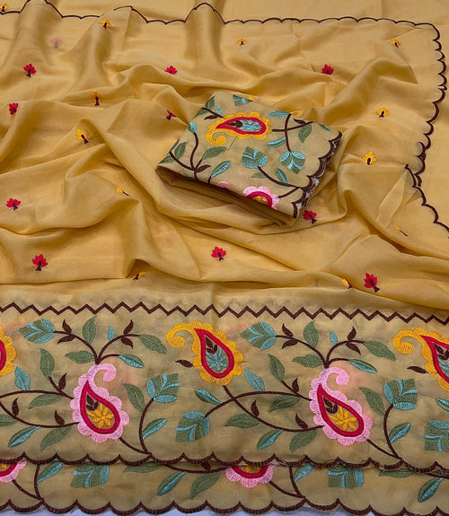 YELLOW STAR GORGETTE SAREE WITH FLORAL EMBROIDERY WORK
