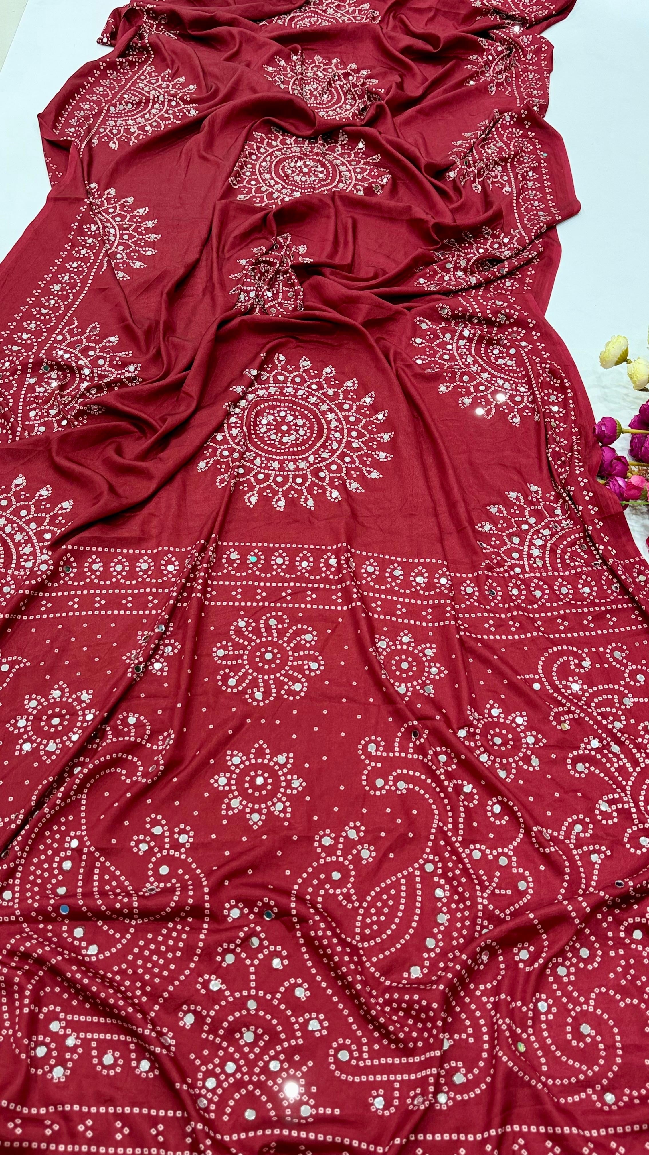 RED AJRAKH BANDHANI PRINT MIRROR WORK SAREE