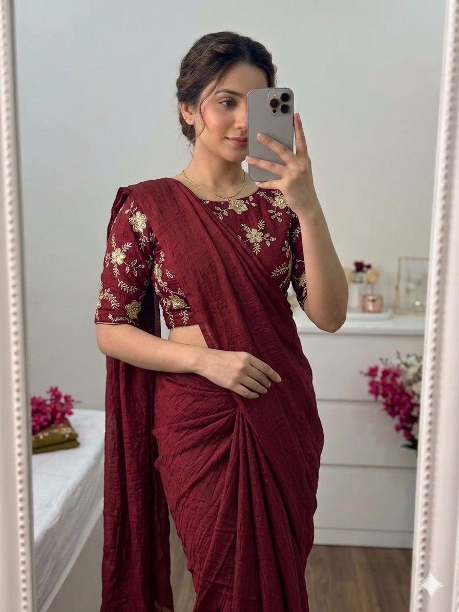 Maroon Rangoli Crush Saree With Bits Sequence Work Blouse