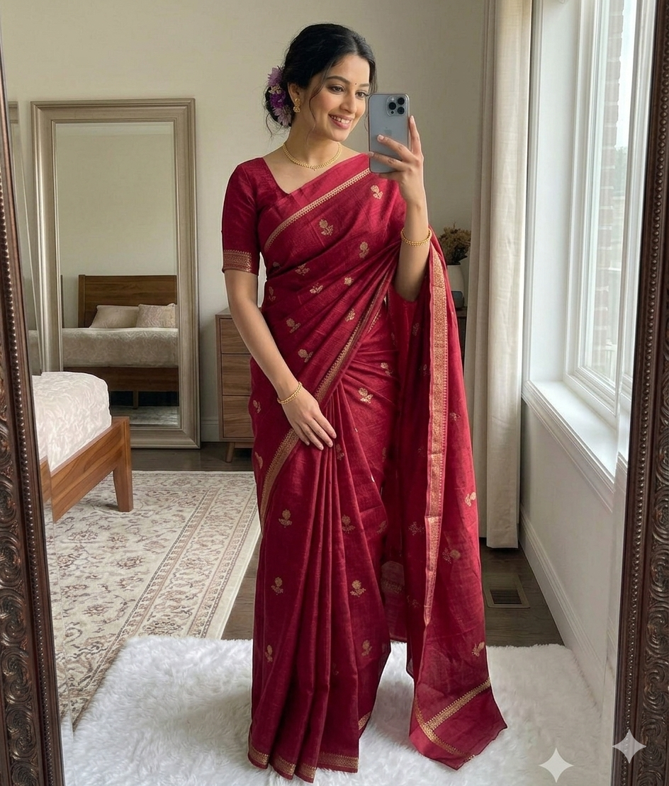 Marooon Pure soft Viscose Khadi silk fabric saree