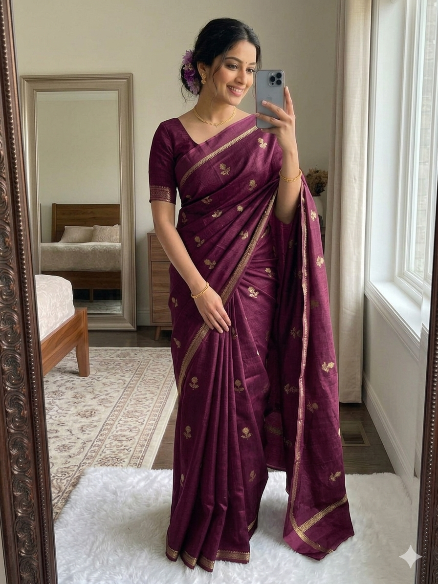 WINE Pure soft Viscose Khadi silk fabric saree