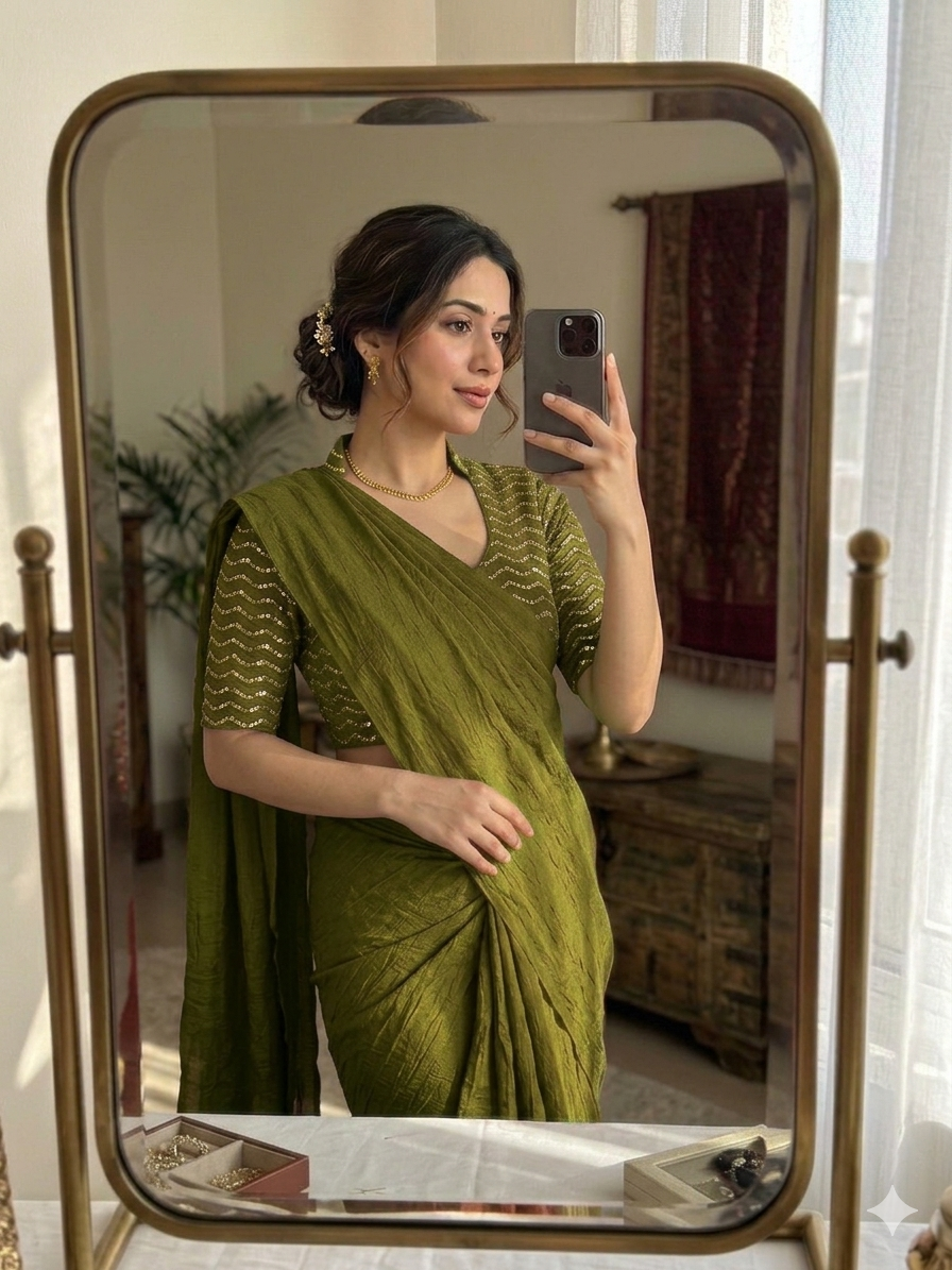 Lime Green Rangoli Crush Saree With Sequence Bits Blouse