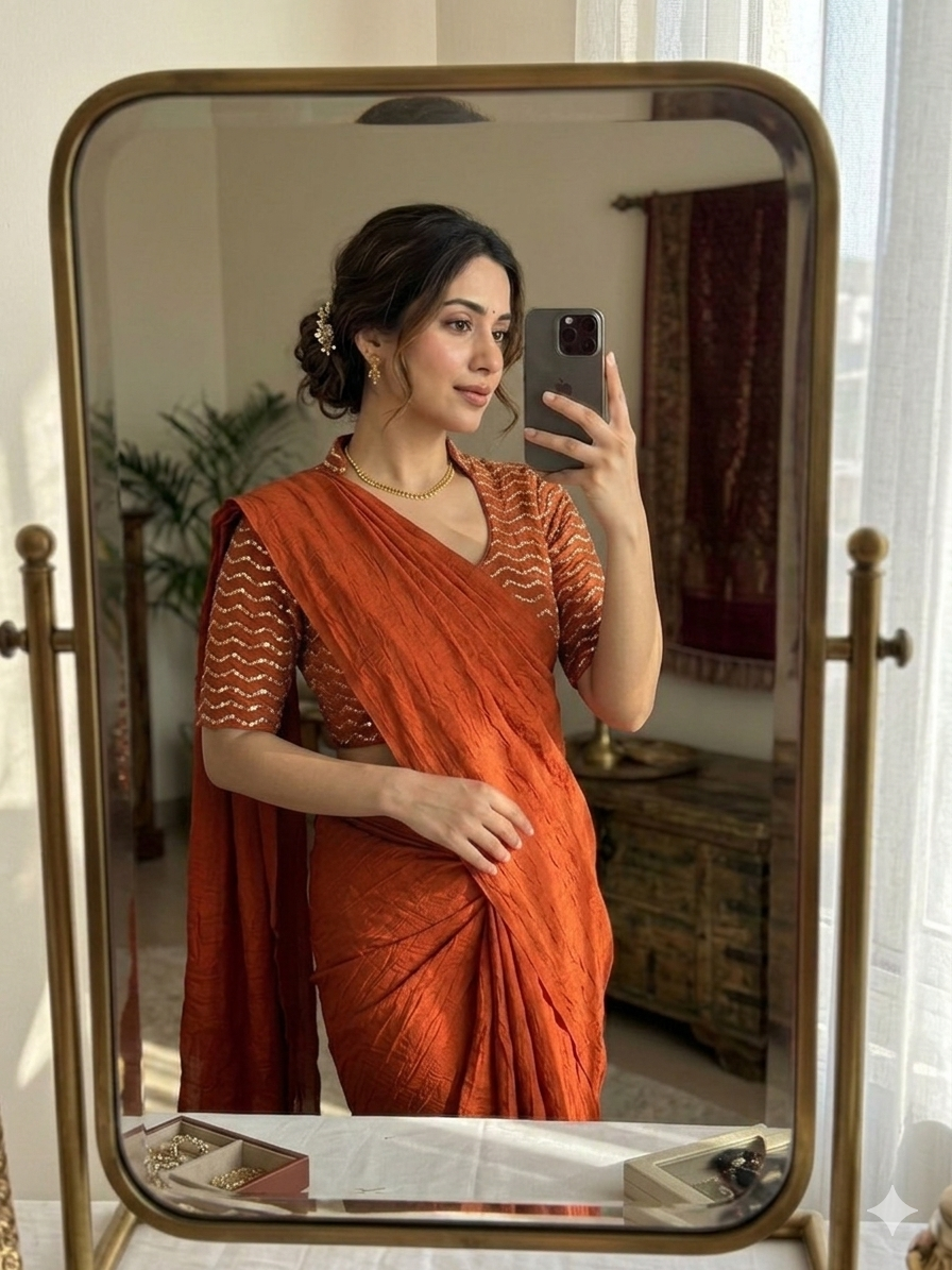 Orange Rangoli Crush Saree With Sequence Bits Blouse
