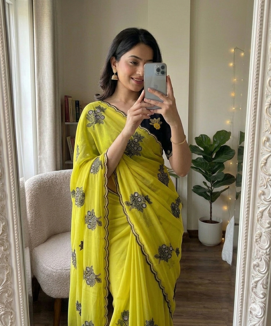 Lime Yellow Rangoli silk saree with embroidery work
