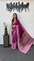 WINE AJRAKH GAJI SILK SAREE WITH MIRROR WORK