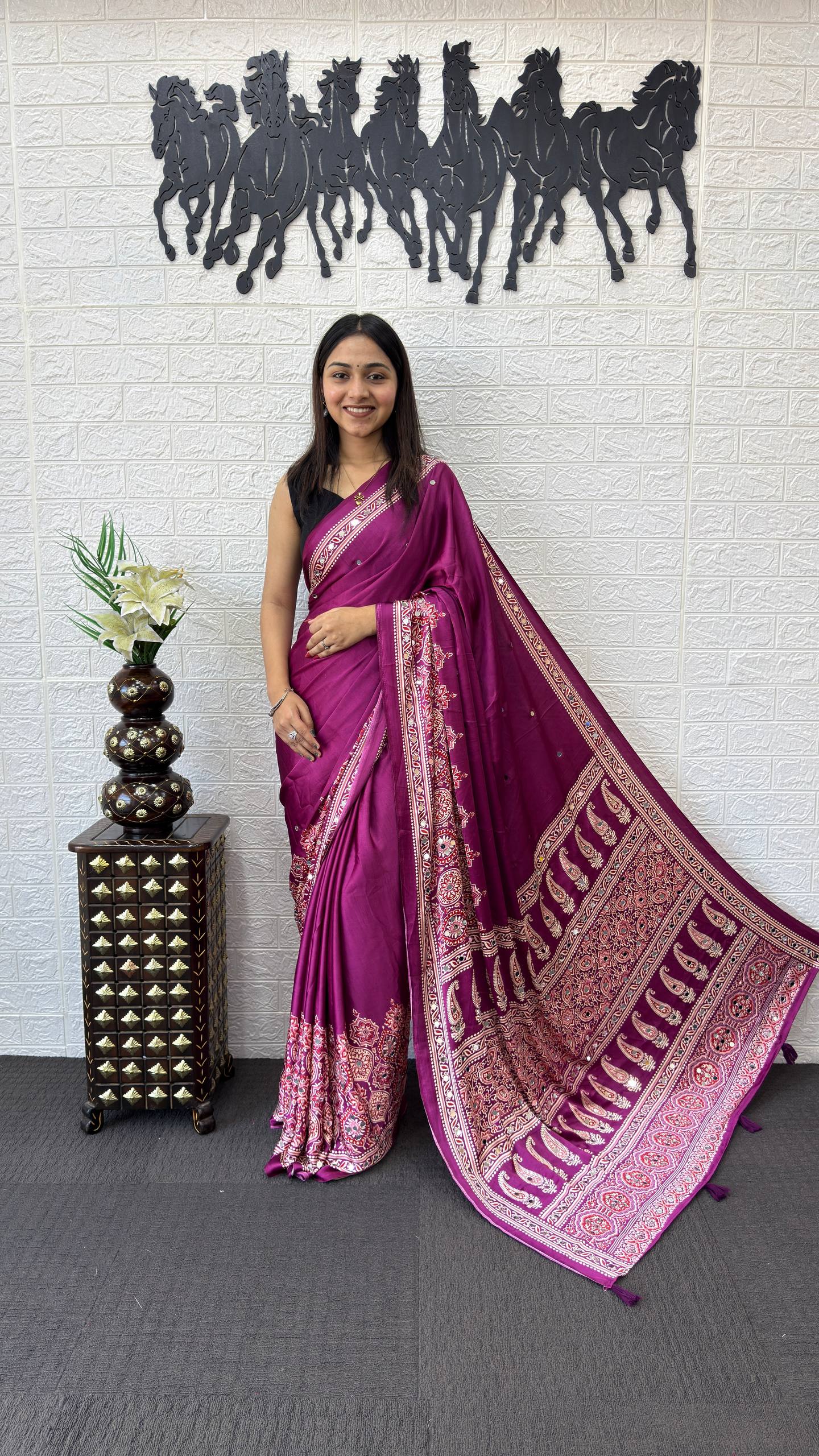 WINE AJRAKH GAJI SILK SAREE WITH MIRROR WORK