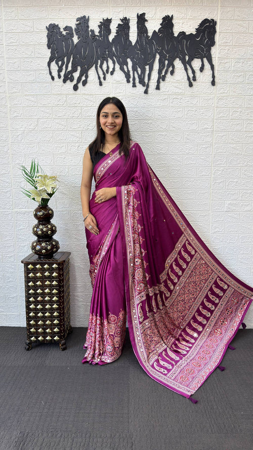 WINE AJRAKH GAJI SILK SAREE WITH MIRROR WORK
