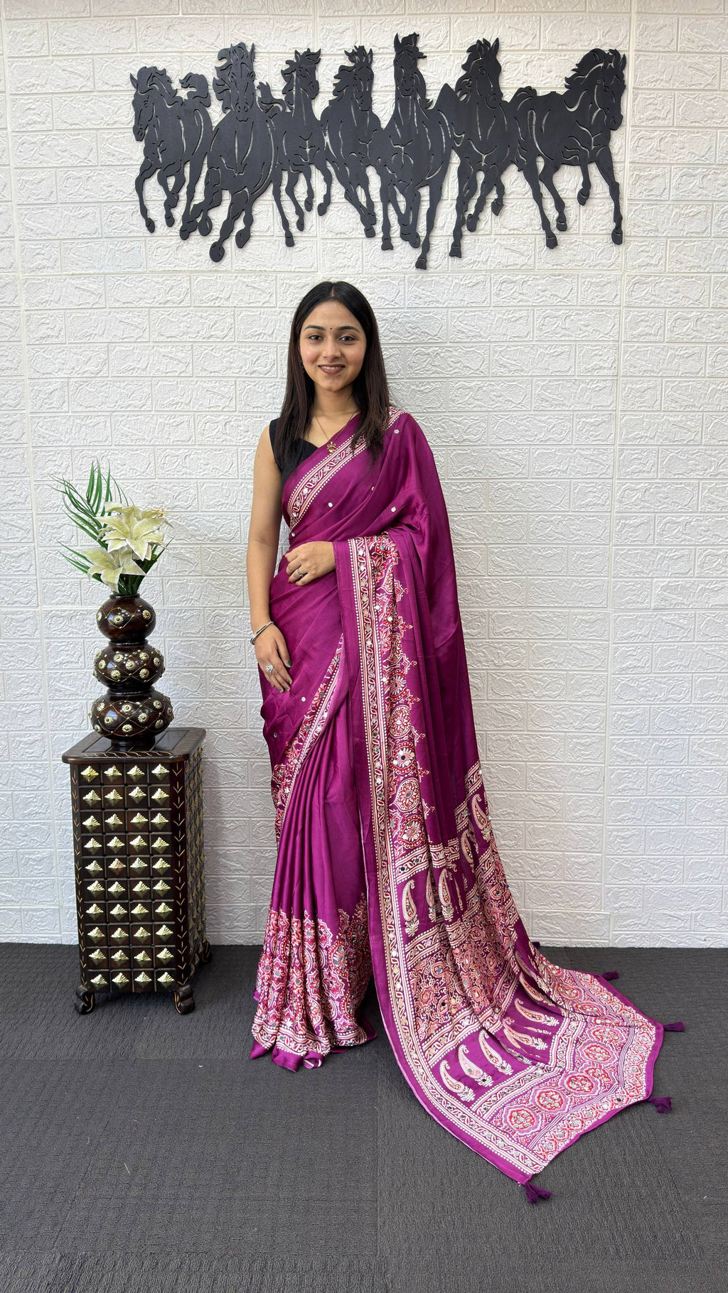 WINE AJRAKH GAJI SILK SAREE WITH MIRROR WORK