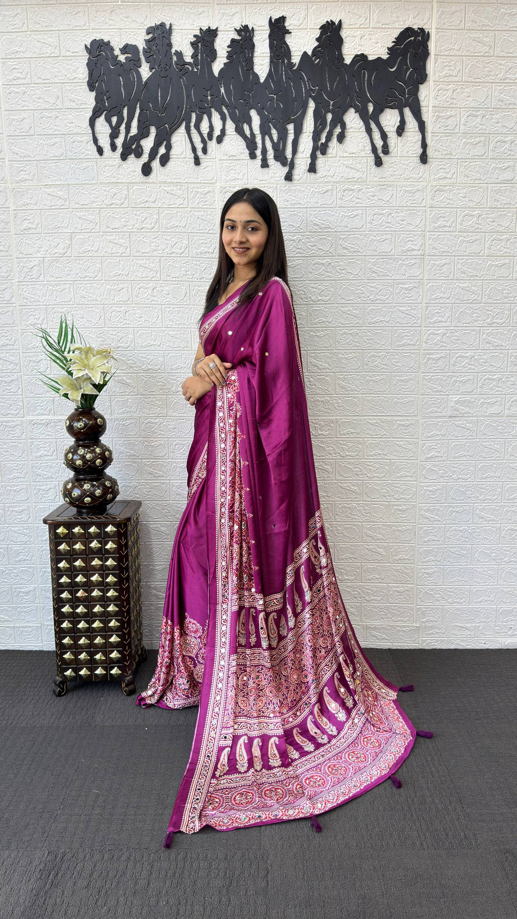 WINE AJRAKH GAJI SILK SAREE WITH MIRROR WORK