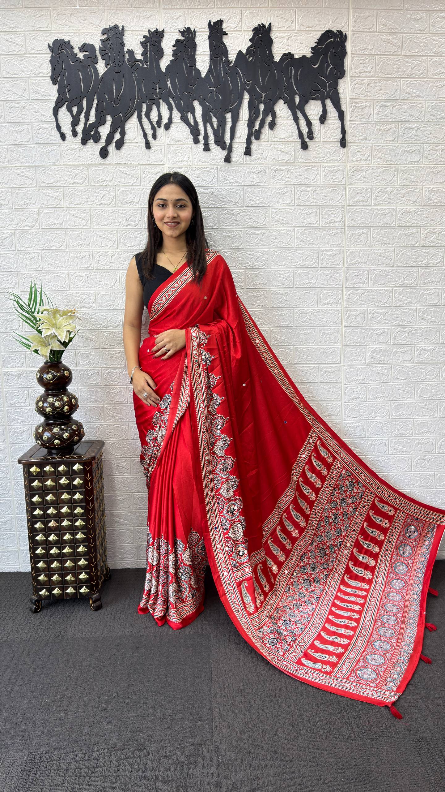 RED AJRAKH GAJI SILK SAREE WITH MIRROR WORK