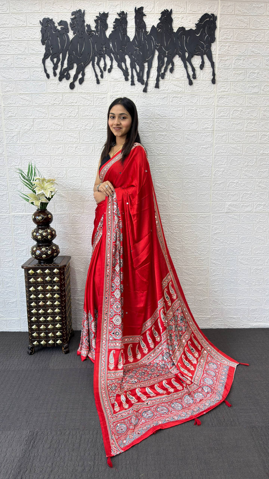 RED AJRAKH GAJI SILK SAREE WITH MIRROR WORK